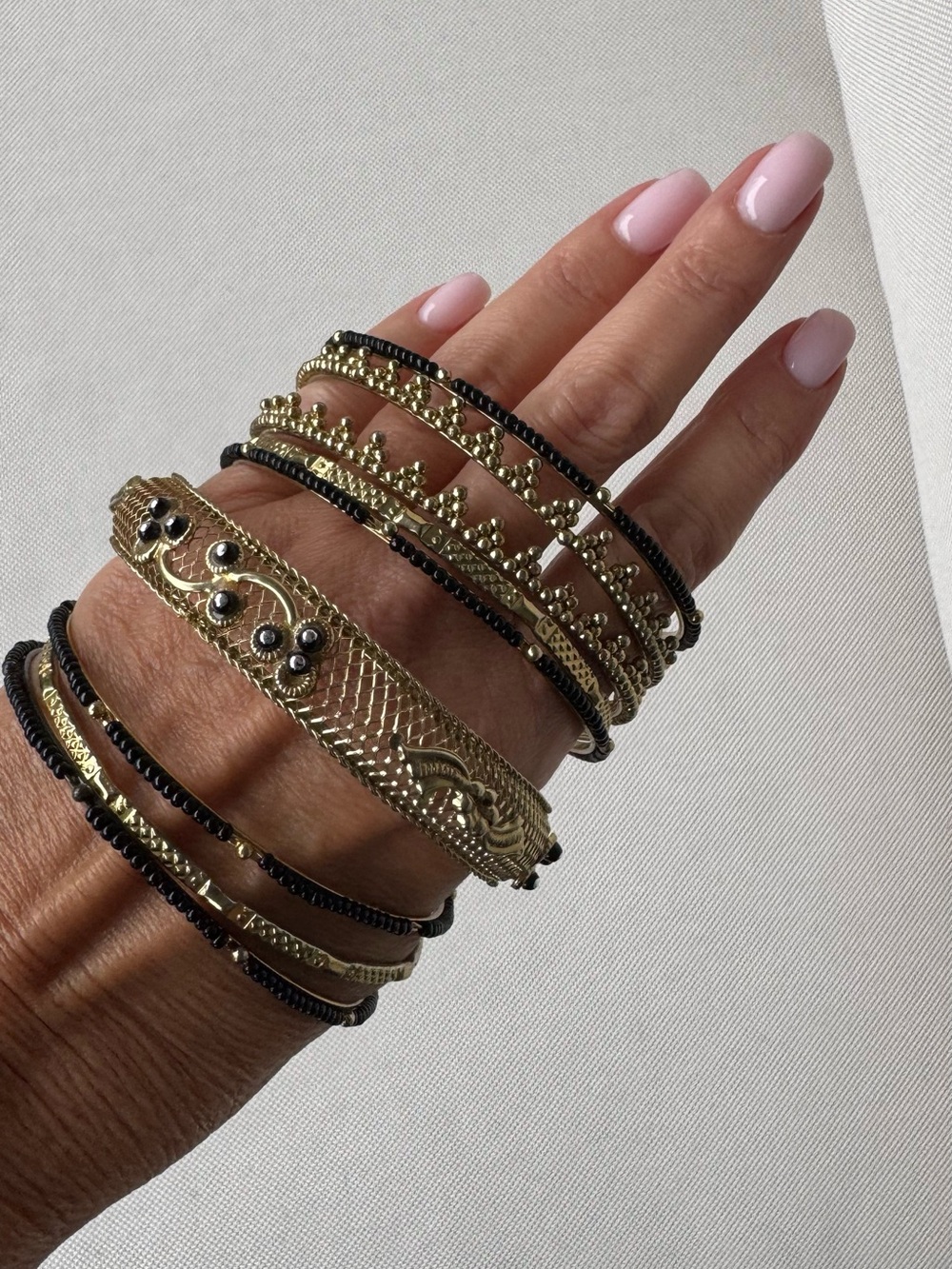 Gold Tone Black Beaded Boho Stacking Bangle Bracelet Set of 9